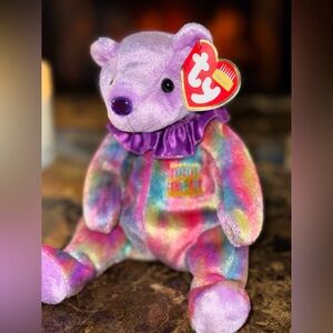 🎉 TY Birthday Beanie Baby February Bear Amethyst Rainbow Sparkle Plush